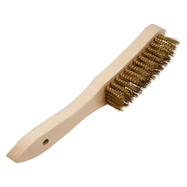 Messinghandbürste mit gewelltem Drahtbesatz für schonende Reinigung auf empfindlichen Oberflächen.